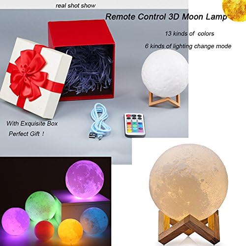 Remote Control 3D Printing LED Moon Lamp,Onezi Baby Night Light Rechargerable 13 Colors Dimmable with Wooden Holder and Exquisite Box,Home Decorative Gift (20CM)