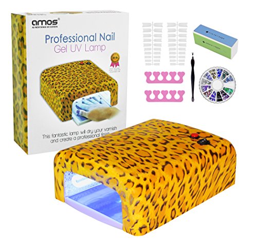 AMOS Professional UV Lamp Nail Dryer Light 36W Gel Shellac Art Manicure Pedicure Curing Timer + 4 x 9W Bulbs & Accessories Set (Leopard)
