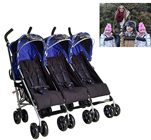 Triple Triplets Buggies Child Baby Newborn Buggy Pushchair Stroller with Triple Reigns 3 Toddlers or 3 Babies by Kidz Kargo. Black/fizzy Blue