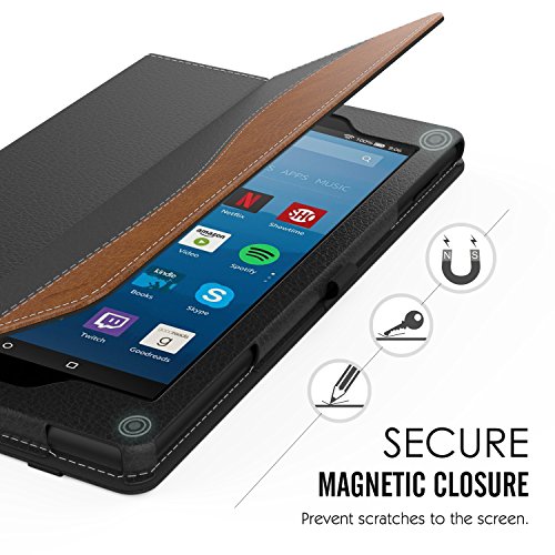 MoKo Hülle für All-New Amazon Fire HD 8 Tablet (7th Generation – 2017 Modell) – Kunstleder Ständer Schutzhülle Smart Cover mit Stift-Schleife für das neue Fire HD 8, Schwarz/Braun - 8