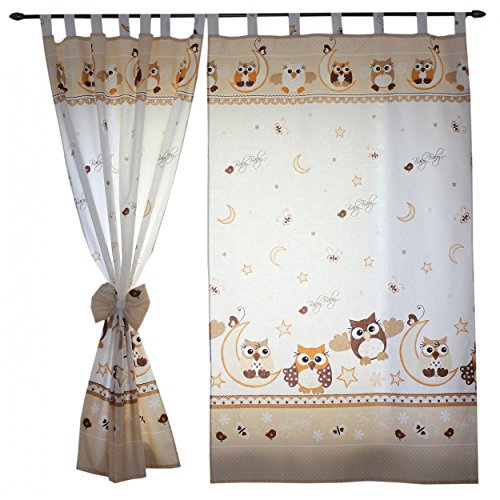 2er Set Gardinen Kinderzimmer Vorhänge mit Schlaufen und Schleifen 155x95 cm Dekoschal Schlaufenschal , Farbe: Eulen Beige, Größe: ca. 155x95 cm
