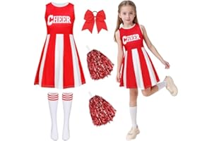 Amtum Cheerleader Outfit Girls Dress Cheerleader Costume Kids with Poms Poms Socks Hair Band Cheer Leader Fancy Dress Up Cheerleading Uniform High School Musical Halloween Carnival Party Cosplay