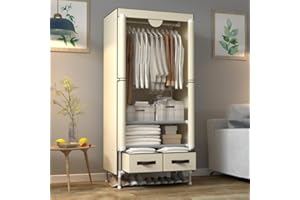 Anmas Power Bedroom Canvas Wardrobe with 2 Drawers, Portable Closet with Hanging Rail and Wardrobe Shelves, 75x45x170cm, Beige