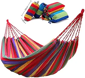 DECSTY Outdoor ?Cotton Hammock Portable Canvas Hammock Travelling Outdoor Picnic Wooden Swing Chair Camping Hanging Bed Garden Furniture with Backpack