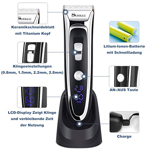 GHB Surker Haartrimmer Haarschneider Profi-Haarschneidemaschine mit LED-Display und kabelloser Betrieb Netzteil elegant set - 5