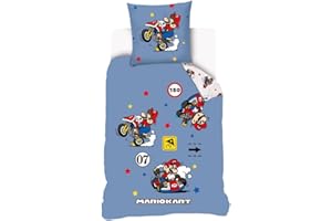 SAHINLER CRÉATEUR D'UNIVERS SAHINLER - Funda nórdica Mario Kart 140 x 200 cm + 1 funda de almohada de 63 x 63 cm, 100% algodón, color azul