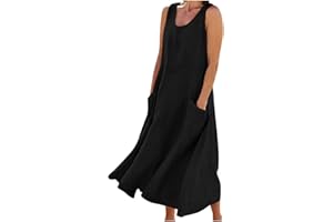 AMhomely Fancy Dress for Women UK Party Elegant Casual Solid Color Sleeveless Cotton Linen Long Dress Ladies Trendy Tunic Dresses Activewear Dresses for Vacation Cocktail Formal Work Wedding
