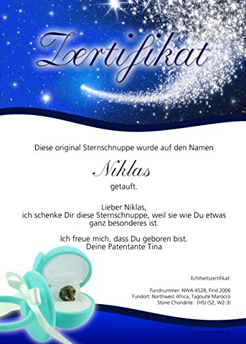 Sternschnuppe / Meteorit mit Echtheits- und persönlichem Taufzertifikat ★ Taufgeschenk – Geschenk zur Taufe oder Geburt für Jungen und Mädchen ★ Inklusive Schnuller-Geschenkbox in blau ★ - 3