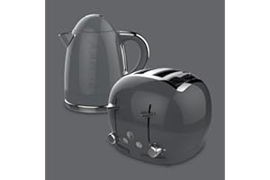 THE FUNKY APPLIANCE COMPANY Funky Retro Kettle and Toaster Breakfast Set, 1.7L Easy Pour Kettle, Large Deep and Wide Toaster - Grey