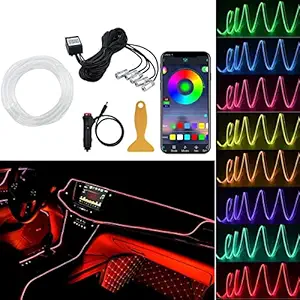 JUTEK RGB Fiber Atmosphere Light 5Pcs LED, 16 Million Colors 6M Fabric Optic Cable Automotive Lighting Wireless Bluetooth App Control for Car Interior Light, Neon Strip Ambient Light Kit