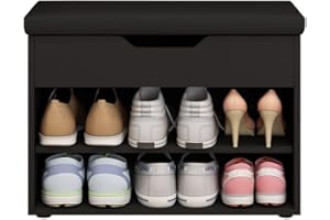 T AUNTY STORE Modern Black Shoe Storage Bench with Cushion, 2-Tier Shoe Rack, Hidden Storage, 60cm(L) x 29.5cm(W) x 46.5cm(H), Maximum Load: 250 lb