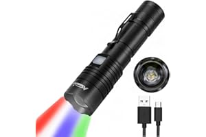 Alonefire X37 Multicolore Torcia Tattica LED Professionale 4 Colori Rossa Verde Blu Bianca Ricaricabili USB Zoom con Indicatore di Carica,Potenza in Uscita, Batteria per Caccia Polizia Militare