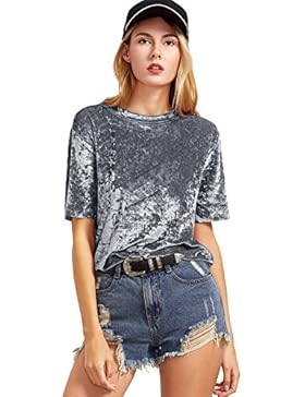 ROMWE Damen Samt Top Hundhals Kurzarm Shirt Oberteil
