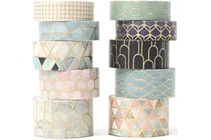 YUBX Kreatives Washi Tape Set 10 Rollen Goldfolie Druck Dekorative Abdeckbänder für Kunst, DIY Handwerk, Journals, Planer, Scrapbook, Verpackung (Geometrische Reihenfolge)