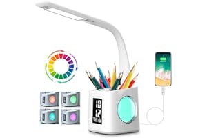 WANJIAONE Lampe de bureau LED Eye-Caring Lampe de Table D'étude Port de charge USB Lumière de L'atmosphère Nocturne avec Porte Stylo/Écran Heure/Calendrier 3 Niveaux Dimmable Lampe de Lecture pour Enfants 10W