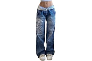 ORANDESIGNE Donna Y2k Jeans Lunghi Alta Vita Jeans per Ragazza Gamba Larga Jeans Gotico Baggy Denim Pantaloni Punk Sciolti Pantaloni Diritti E-Girl Streetwear