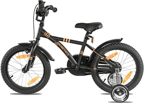 PROMETHEUS Kinderfahrrad 16 Zoll Jungen in Schwarz-Matt & Orange mit Metallic Stützrädern | Seitenzugbremse und Rücktrittbremse | ab 5 Jahren | 16“ BMX Edition 2017 - 4