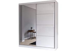 Fabryka Mebli Idźczak Schiebetürenschrank, eleganter Kleiderschrank Schrank Garderobe Spiegel Multi 35-180 cm, Schlafzimmer- Wohnzimmerschrank Schiebetüren Modern Design (Weiß/Weiß)