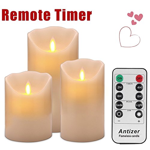 Antizer flammenlose Dekorations-Kerzen-Säulen im 3er Set (10,2cm 12,7cm 15,2cm). Realistisch flackernde LED-Flammen aus Echtwachs in Elfenbeinfarbe. Fernbedienung mit Timer-Funktion für Weihnachten - 2