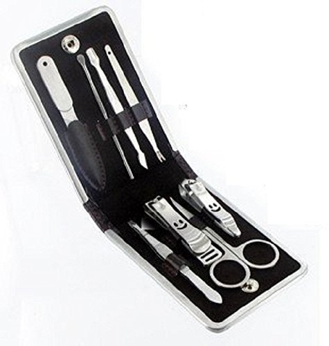 Stainless Steel Personal Care Manicure Pedicure Ear pick Nail-Clippers Set 8 in 1 Black Leather Gift Pouch (Mega_Jumble)