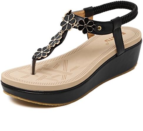 DQQ Women's Black Beaded Thong Wedge Sandals 3.5 UK