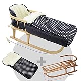 a) Holzschlitten inklusive Rückenlehne und Zugseil + b) Winterfußsack aus Lammwolle