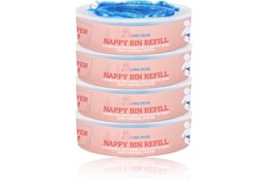 Nappy Bin Refill Cassettes, Compatible with Angelcare Nappy Disposal System - Pack of 4 Cartridges - Advanced Lock smell Tec Liner Bags - OMO BEAR