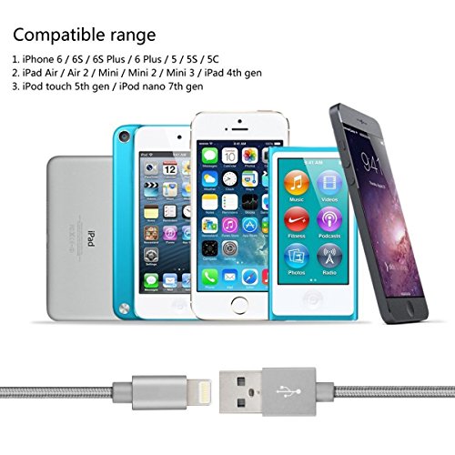 GlobaLink®[3 pack]1m,2m,3m iPhone Kabel [Nylonbeschichtetes, verwicklungssicheres USB-Sync- Kabel mit Aluminium Leiter] hohe Qualität,Modernes Desgin, Lebenslange Garantie für iPhone7 7Plus iPhone 6S Plus 6S 6 Plus SE 5S 5C 5 iPad Mini 2 3 4, iPad Pro, iPod und alle Apple-Geräte(Grau) - 5