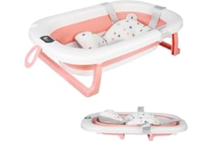 Belfoyer Baignoire Bébé Pliable avec Thermomètre – Bassine de Bain Bébé Pliable sur Pied ou au Sol, Confortable & Sécurisée avec Coussin Doux, Drainage Facile, Gain de Place, 0-36 Mois（WX17401）