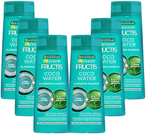 Garnier Fructis Coco Water - Shampoo chiarificante per radici oleose e punte asciutte, idratante, 250 ml, confezione da 6