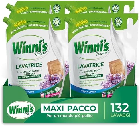 Winni’s - Detersivo Lavatrice Ipoallergenico Ecoformato, 132 Lavaggi, Aleppo e Verbena, con Smacchianti Naturali da Biofermentazione e Materie Prime di Origine Vegetale, 1485mlx4 Confezioni