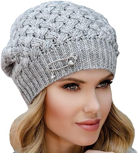 Eterno Kinga Women's Knitted Woolen Beanie Hat With Decoration Casual Warm Cosy - Made In EU, Grey,ONE SIZE