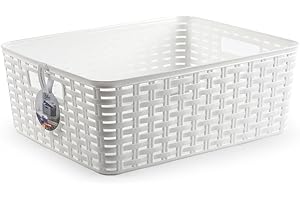 CABLEPELADO Cesta de Almacenamiento Organizador, Cesta de Almacenaje Multiuso, Caja Organizadora, Cesta de baño, 37.5 cm largo x 13.5 cm alto x 30 cm fondo, Capacidad 12 litros, Rattan, Blanco