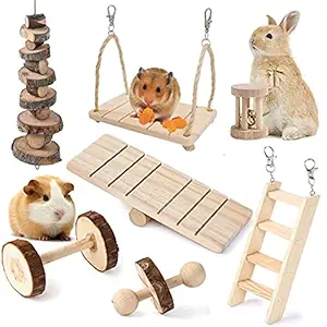 JanYoo Rabbit Toys Guinea Pig Chinchilla Bunny Hamster Chew Toys Gerbils Rat Exercise Molar Wooden Roller Swing Seesaw Ladder (Pack of 7)