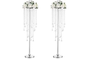 Grands Vases Centres de Table Mariage - 2 Pcs Vase à Fleurs Argent avec Lustre Cristal Décorations de Table Inweder 75cm Haut Support à Fleurs Métal pour Réception Mariage Événements Maison