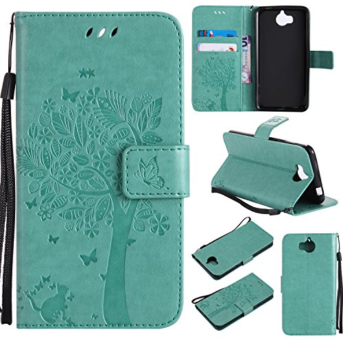 Huawei Y5 2017/Y6 2017 Étui en Cuir, Ecoway Étui En Cuir PU (Motif de chat et l'arbre ) Embossage La Fente en de Support Pliable Pour Huawei Y5 2017/Y6 2017(Vert)