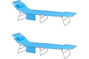 SoBuy Set of 2 Sun Loungers Reclining Garden Chair with Pillow and Side Pocket, Folding Deck Chair for Patio, Camping, Beach, Comfortable Garden Recliner, Light Blue, 155x56x81cm, OGS35-Bx2