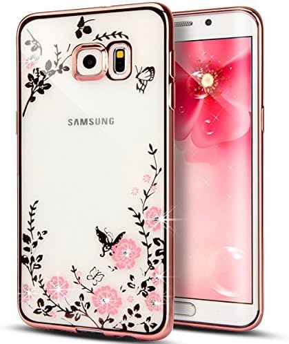 UBMSA-Samsung Galaxy note 4 Case, Luxury Crystal Diamond Mirror Bling Soft TPU Silicone Case Back Cover for Galaxy note 4 cases [Girl case] (Rose Gold-pink flowre, S6 EdgePlus)
