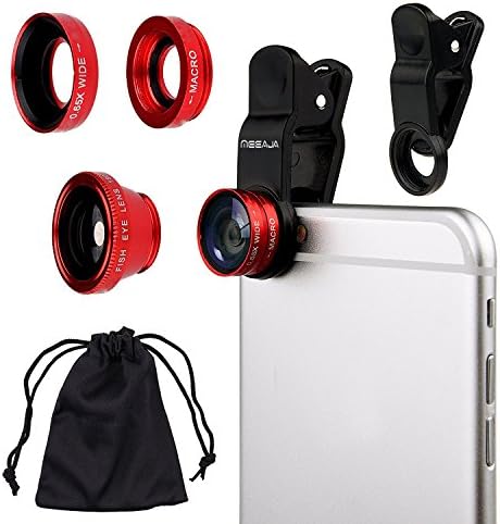 Meeaja 3 in 1 180 Degree Fisheye Lens Plus Wide Angle Lens Plus Macro Lens iPhone Camera Lens Kits for iPhone, Android and Smartphones with Flat Camera (Red)