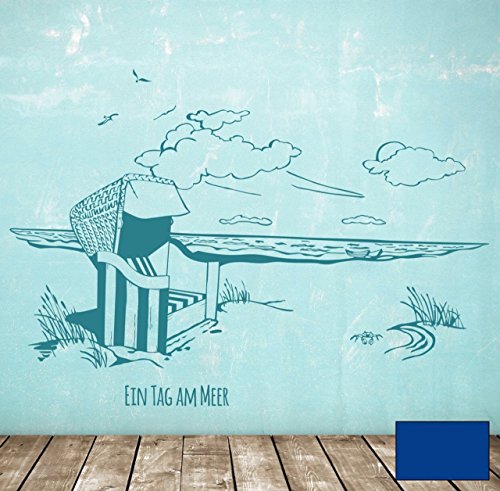 Wandtattoo Wandaufkleber Strandkorb am Meer maritim "Ein Tag am Meer" M1496 - ausgewählte Farbe: *Blau* ausgewählte Größe:*S 80cm breit x 50cm hoch