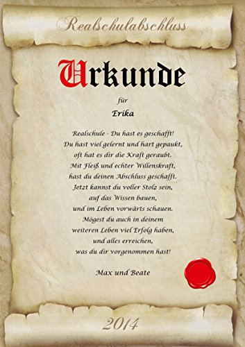 Urkunde persönliche Geschenk Karte Realschule Schule Abschluss Prüfung Pergament div. A4 Papier Motive
