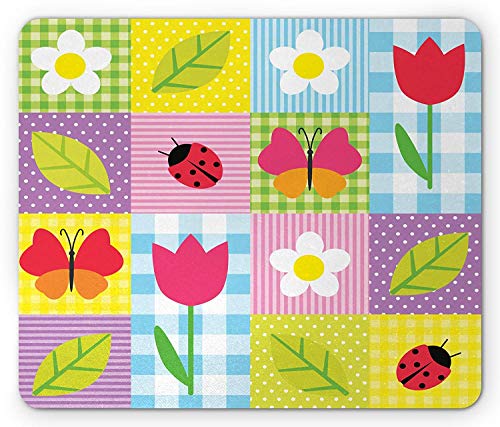 Preisvergleich Produktbild Ladybugs Mouse Pad, Spring Flowers Butterflies Ladybugs on Polkadot Checked Background Children Art, Standard Size Rectangle Non-Slip Rubber Mousepad, Multicolor