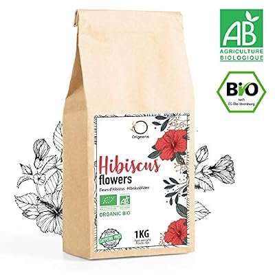 Origeens HIBISCUS BIO 1kg Grade Supérieur | Fleur Hibiscus pour Bissap, Thé glacé, Infusion et Tisane | Cure Detox Drainante | Fleurs Séchées Bio