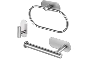 PENUSPT Self Adhesive Toilet Roll Holder and Towel Ring Set, Stick on Toilet Paper Roll Holder and Towel Holder, 304 Stainless Steel Bathroom Hardware Accessories, Easy Stick on Wall, No Drilling (Set of 3)