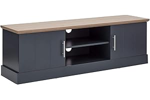 GFW Kendal Oak Large Unit with Display Shelf & Storage, Wooden Entertainment Stand Cabinet with Rear Cable Entry for Max 65 Inch TV, Slate Blue, H-48cm x W-150cm x D-39cm