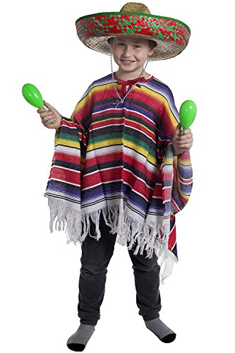 CHILDS MEXICAN BOY FANCY DRESS COSTUME PONCHO + LARGE GREEN SOMBRERO WILD WEST BANDIT KID