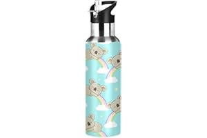 Mnsruu Süßer Koala-Regenbogen Trinkflasche Wasserflasche mit Strohhalm für Sport, 600ML Thermosflasche BPA-frei Isolierflasche Edelstahl 18/8 für Kinder Wandern Schule