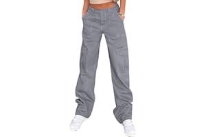 PrinStory Pantalon cargo pour femme - Taille haute - Pantalon de loisirs extensible - Jambe large Y2K Streetwear avec 6 poches