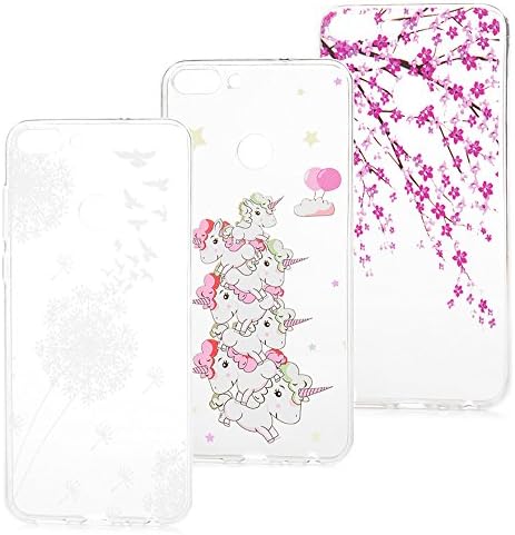 3x Case Huawei P Smart, Beaulife Transparent Cover TPU Silicon Rubber Lightweight Ultra-Thin Flexible Shockproof Anti-Scratch Waterproof Creative Pattern Bumper Elastic Gel Protective Shell for Huawei P Smart - Dandelion + Plum Blossom + Unicorn