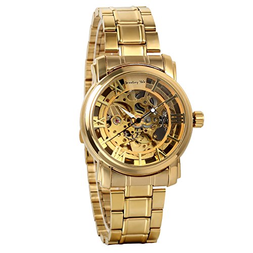 Avaner Reloj Oro Dorado de Esfera Transparente Reloj de Caballero Mecánico Esqueleto, Hombre Reloj de Correa de Acero Inoxidable Diseño Original Regalo de San Valentín